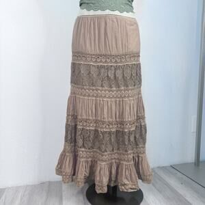 Y2K Boho Lace Midi Skirt Taupe Brown Tiered Ruffle Peasant Cottagecore Fairycore